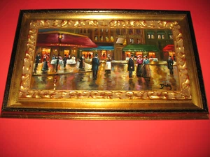Paris France Evening City Street Cafe Dining Oil Painting Framed Not Under Glass - Picture 1 of 10