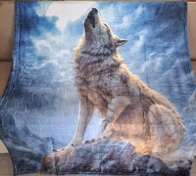 Nueva manta de felpa blanca de lobo solitario regalo luna llena nubes aullido nocturno Foto 1 de 4