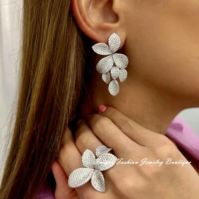 18k Platinum Filled Lab Created White Sapphire Flower Earrings Ring Designer - Image 1 of 4