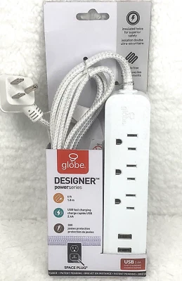 Globe Designer Surge Protector Power Strip 6 ft Long 3-Outlet 2-USB White #78251 - Image 1 of 4