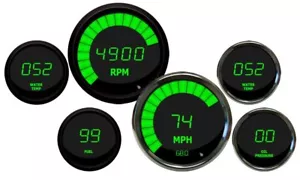 Complete Universal 6 Gauge Set GREEN LEDs Black Bezels Multi Gauge Set W Senders - Picture 1 of 1