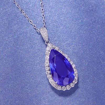 New Holiday Jewelry Ocean Blue Topaz Waterdrop Women Pendants Necklace Silver - Image 1 of 4