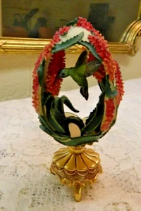 Franklin Mint Faberge Gold Tone Stand Red Floral Hummingbird Egg #6 - Picture 1 of 5