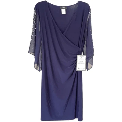 MSK Women's Navy Embellished Sheer Slit Sleeve Faux Wrap Sheath Dress Medium NWT - Image 1 of 4
