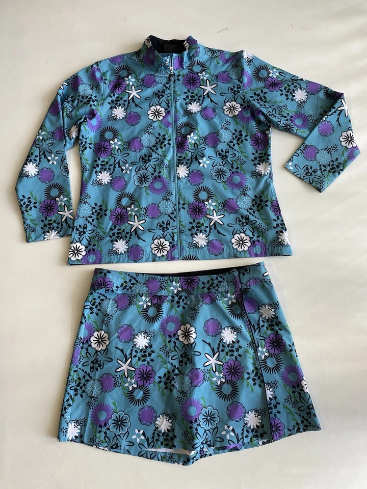 Bolle女式蓝色花卉2件 网球/高尔夫套装上衣和短裙 ~ 裙子套装 XL 码(2XL) — 第 1/4 张图片