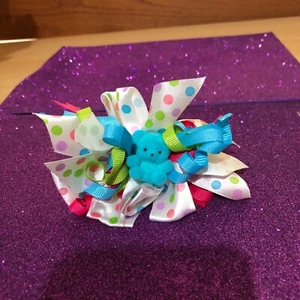 girls barrette multicolor bow with blue teddy bear white, pink, blue, green - Picture 1 of 1