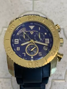 Swiss Legend Commander Men 200m Steel Analog Quartz Chronograph Watch Blue Gold - Picture 1 of 10