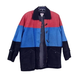 Vintage 80er 100% Leder Wildleder Parka Mantel dreifarbig Streifen komplett gefüttert groß - Bild 1 von 13