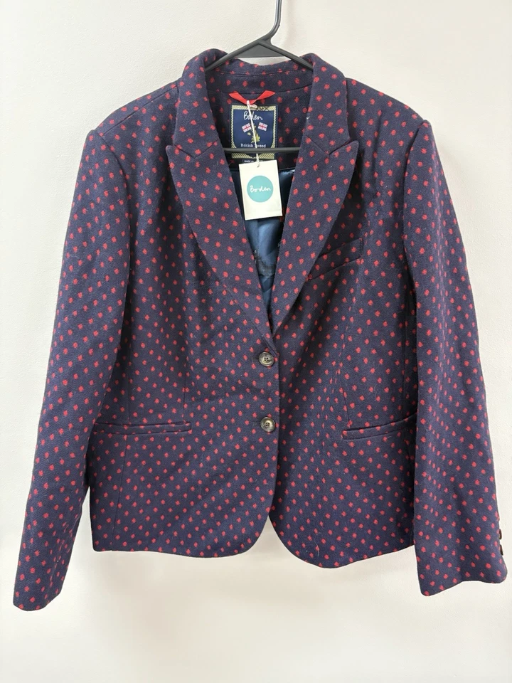 Blazer Boden para mujer 18R azul marino rojo lunares chaqueta de lana tweed británico nuevo con etiquetas Foto 1 de 4
