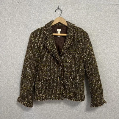 Blazer vintage J. Jill para mujer mediano marrón verde tweed mezcla de lana Boucle flecos Foto 1 de 4