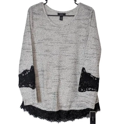 Alfani Sweater Large Women's Top Lace Trim Long Sleeve Crew Neck Blouse Textured - Image 1 of 4