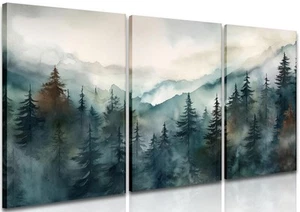 Framed Green Forest Canvas Wall Art Set of 3, Boho Misty Watercolor Pine Tree... - Picture 1 of 9