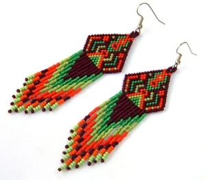 Tribal Earrings Native Large Boho American Seed Beads Handmade Earring - Picture 1 of 8