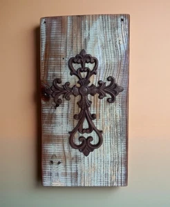 Rustic Cast Iron Cross Wall Decor on Distressed Teal Wood Board 17” x 9” - Picture 1 of 11