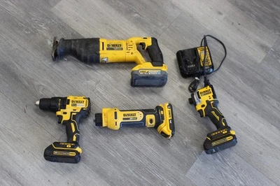 DeWalt 4pc 20V Combo Drill, Impact, Recip Saw, Cut-out, POWER STACK 5AH + 3 Batt - Image 1 of 4