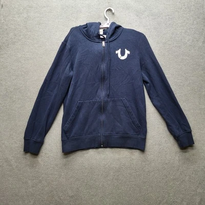 Moletom com capuz True Religion masculino S azul marinho guitarra Buda logotipo zíper estampa gráfica longa - Imagem 1 de 4