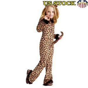 Cat Costume Girls Leopard Print Jumpsuit W/ Tail & Ears Trick/Treat Halloween US - Picture 1 of 4