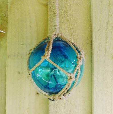 Glass Float Nautical Sea Fishing Buoy Turquoise | 4"/10cm Dia With Rope Hanger - Image 1 of 3