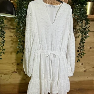In The Style White Broderie Balloon Sleeve Tiered Mini Dress Size 12 Tall - Picture 1 of 7