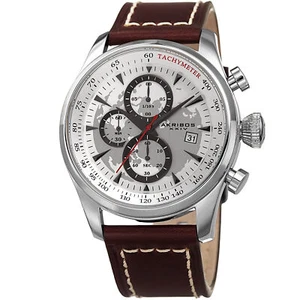 Men's Akribos XXIV AK915SS Chronograph Brown Leather with White Stitching Watch - Picture 1 of 7