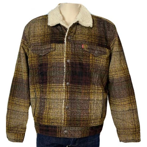 Levi's Men's Sherpa Trucker Jacket Plaid Mens XXL 2XL Yellow Brown - Picture 1 of 8