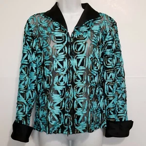 SAMUEL DONG Jacket Turquoise Satin Ribbon Over Sheer Black Lace Stretch Viscose - Picture 1 of 12