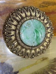 Chinese Export Sterling Filligree Moss In Snow Carved Burmese Jade Jadeite 14.6g - Picture 1 of 8