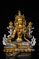 8.64" Tibet Tibetan Buddhism Tibetan silver Hand-carved Inlaid gems Green Tara