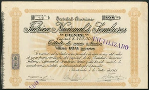 Uruguay: Fabrica Nacional de Sombreros 'Fenix', 100 peso share, 1922 - Picture 1 of 1
