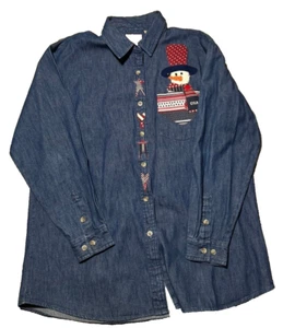 Mountain Lake Denim button down shirt Embroidered USA 4th of July Snowman size L - Picture 1 of 7