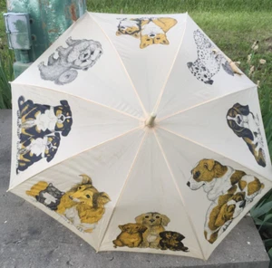 Vintage 80's Umbrella Eight Different Dogs & Puppies On Beige Push Button OPEN - Picture 1 of 13