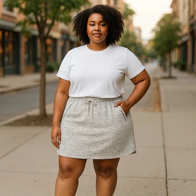 Skort elástico chá verde XXLarge cinza cordão cintura zíper bolsos bainha arredondada - Imagem 1 de 4