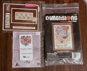 Lot 3 Cross Stitch Laundry Hinzeit, Purple Heart with charm, Please Be Neat KIT - Picture 1 of 3