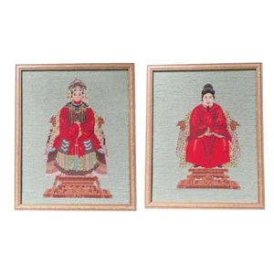 Vintage Paar chinesische Nadelspitze Kaiser & Kaiserin goldfarbener Bambusrahmen 12,5"x15,5" - Bild 1 von 10