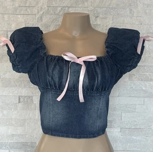 fashion nova Off Shoulder denim crop top Short Sleeve Size M New - Picture 1 of 7