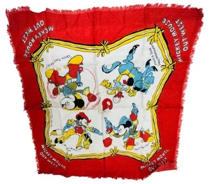 BUFANDA VINTAGE DE ALGODÓN MICKEY MOUSE 'OUT WEST', 25” X 22-1/2, WALT DISNEY, AÑOS 60 - Imagen 1 de 7