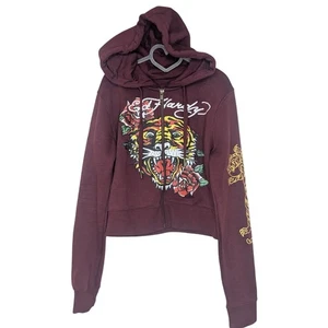 Retro Ed Hardy Red Full Zip Tiger Tattoo Hoodie Sweater Unisex Kid Size Medium - Picture 1 of 7