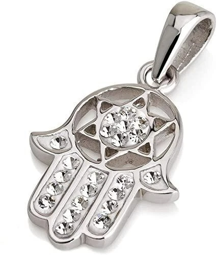 Ciondolo Hamsa in argento sterling con pietre preziose cristalli bianchi +... - Immagine 1 di 1