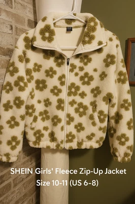 Girls Sherpa Fleece Zip-Up Jacket – Size 6/8 – Cream & Olive Teddy bear Jacket - Image 1 of 4