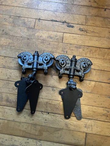 Antique Restored Myers Adjustable Stay On cast iron Barn Door Rollers Pair Set Cover