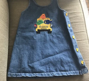 Vintage Kids Clothes Austin & Ashley Denim Cotton School Bus Dress Sz 6X - Picture 1 of 12