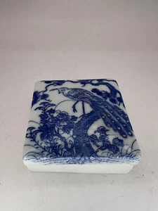 19C Chinese Blue & White Square Porcelain Box Bird & Flower Motif - Picture 1 of 22