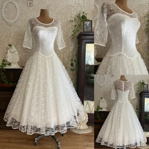 Short Lace Wedding Dresses Vintage A Line Half Sleeves Tea Length Bridal Gowns - Picture 1 of 10