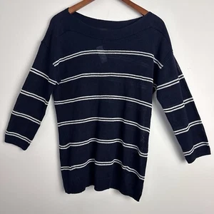 Talbots Linen Sweater Navy Striped M Medium Boat Neck Pullover 3/4 Sleeve NWT - Picture 1 of 12