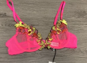 PLAYFUL PROMISES Magda Pink Neon Cocktail Embroidery Plunge Mesh Bra - 32B - Picture 1 of 7