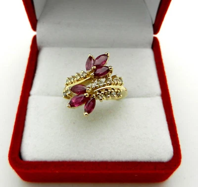 Vintage Solid 14k Yellow Gold Cluster Ruby and Diamond Bypass Ring size 4 - Image 1 of 4