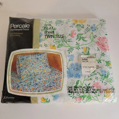 Hoja JCPenney Twin Plana Julieta Percal Polialgodón Floral Blanco Rosa Amarillo Foto 1 de 3