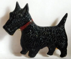 VTG CELLULOID SCOTTIE SCOTTISH TERRIER BROOCH RED COLLAR - Picture 1 of 2
