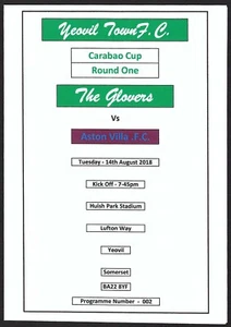 YEOVIL TOWN v ASTON VILLA 14.08.18 CARABAO CUP ROUND ONE MATCH PROGRAMME - Picture 1 of 3