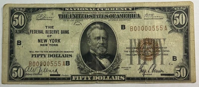 1929 National Currency $50 Federal Reserve Bank of NY Fancy Low Serial 00000555 - Image 1 of 4